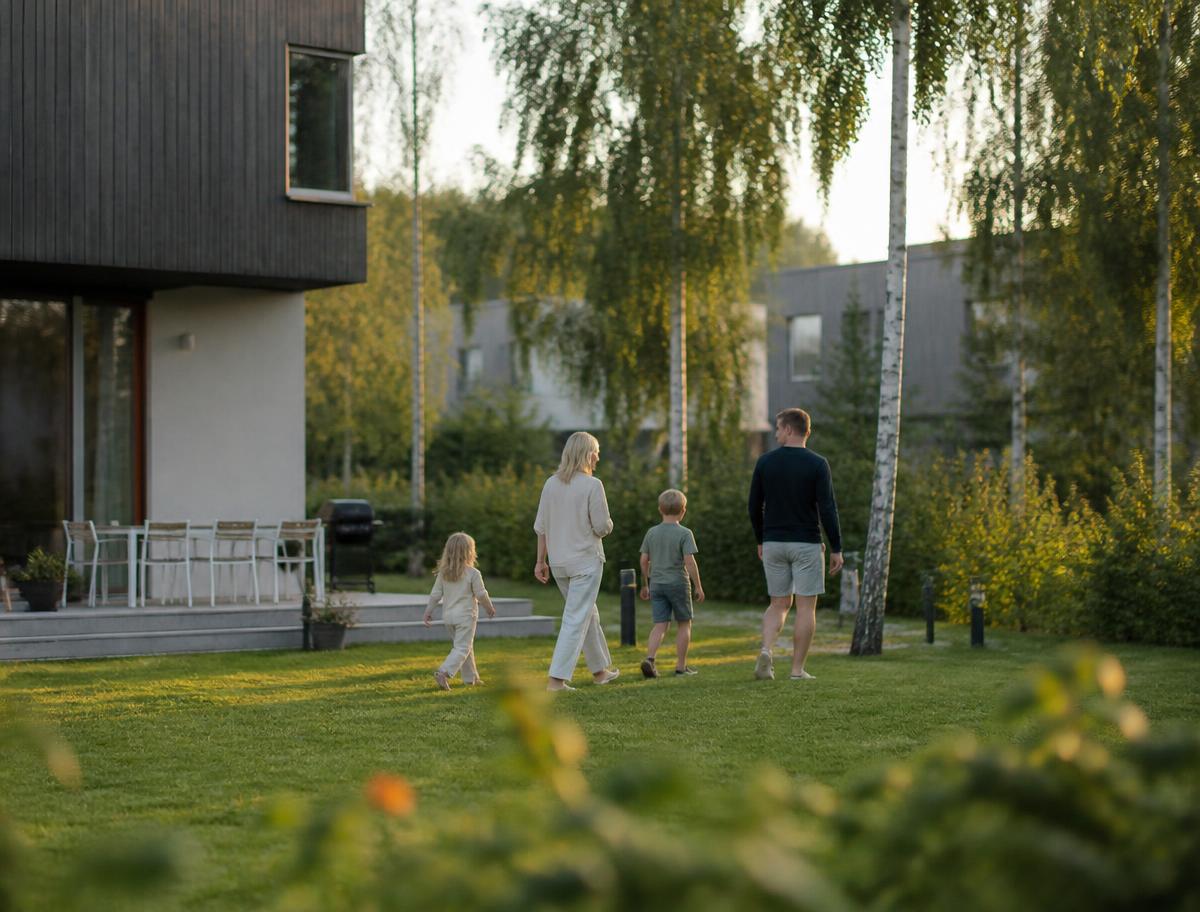 Skandinavisk familj i ett tryggt hem med diskreta larmprodukter