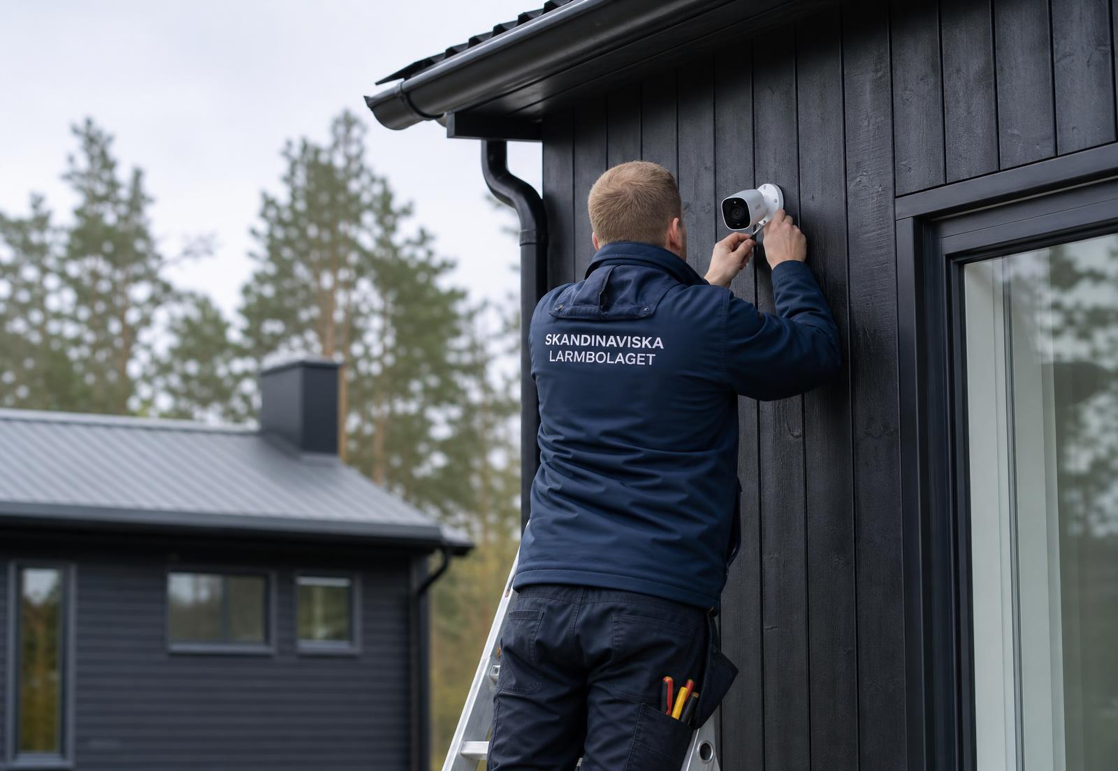 Larmtekniker från Skandinaviska Larmbolaget monterar en övervakningskamera på ett skandinaviskt hus